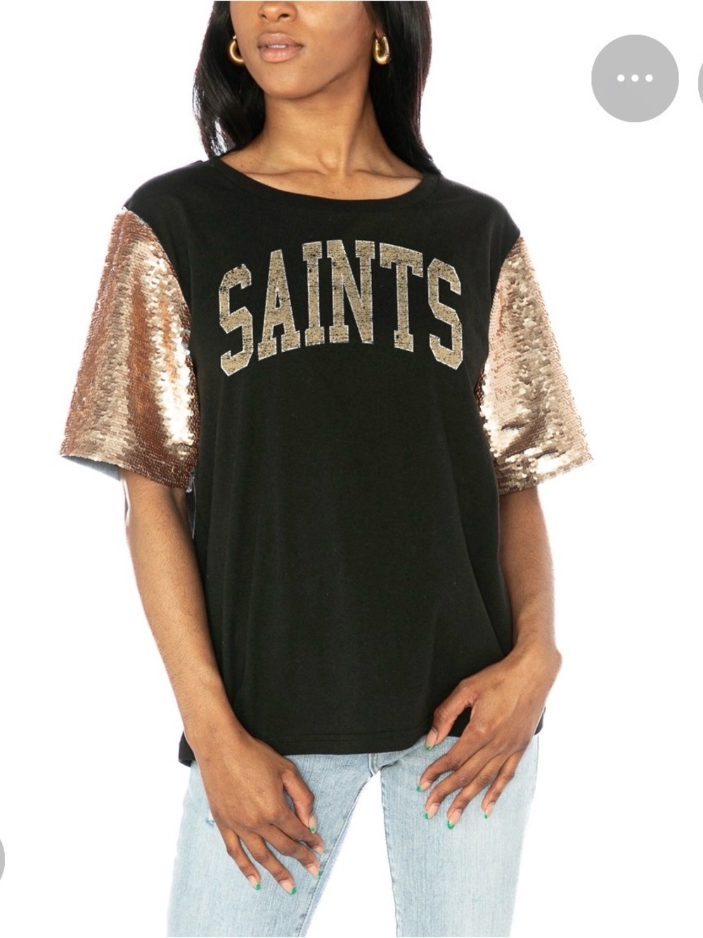 GAMEDAY COUTURE New Orleans SAINTS Short Sleeve Sequin Sleeve Tee - Black & Gold - Picture 7 of 7